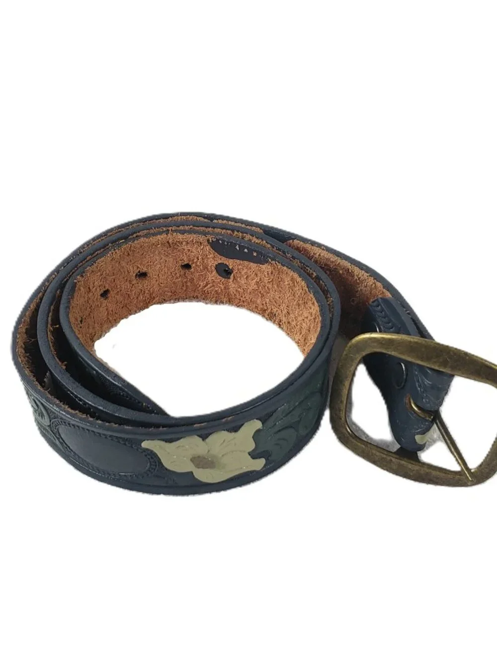 Beth Frank Hand‑Tooled Leather Belt – Floral Design – Size 36